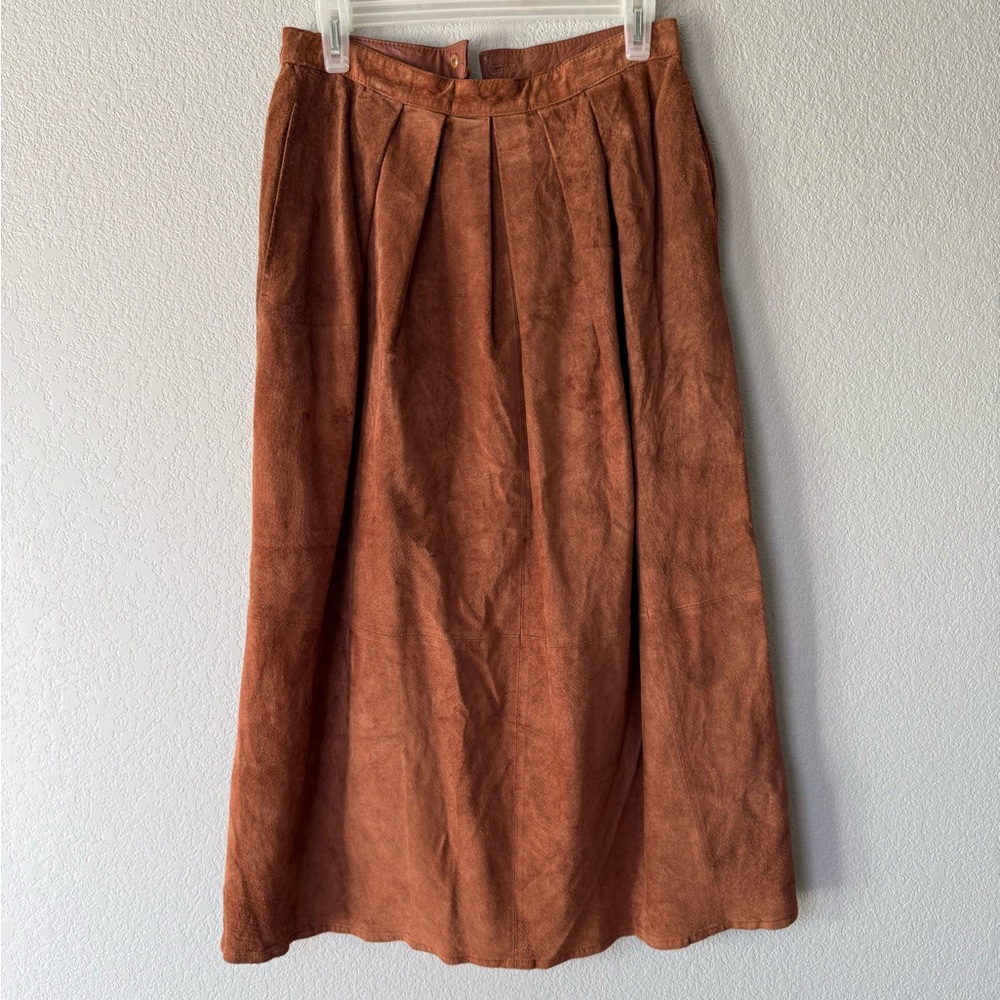 Vintage Real Suede Rust Pleated Midi Skirt | Western Boho | Pockets | Size 10